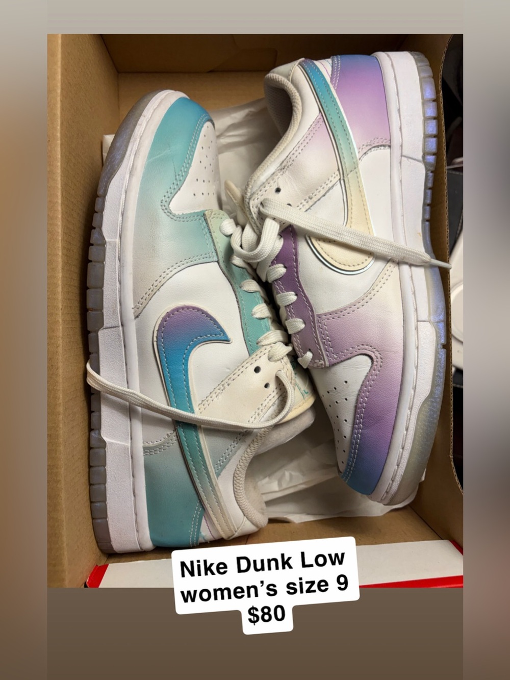 Nike Dunk Low Women’s Sneakers in White with Teal, Lavender & Cream Gradient
